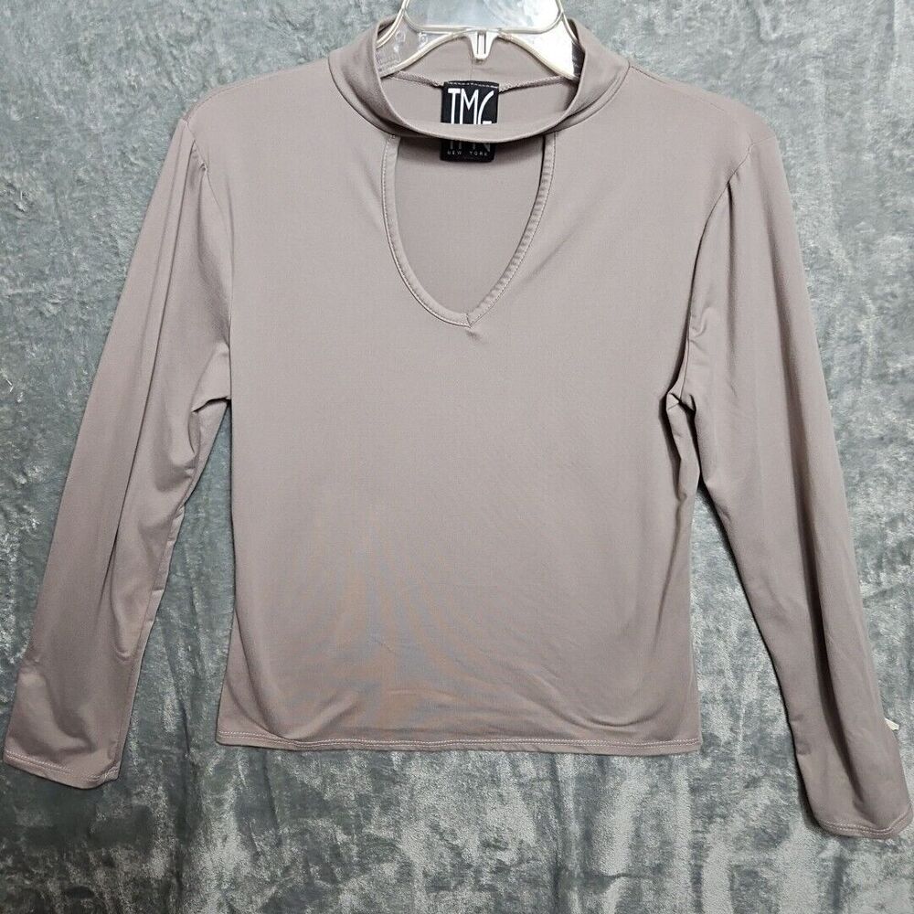 TMG Women's Sz XL Beige Stretch Top poly spandex pullover front opening